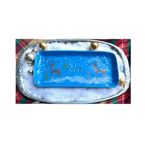 Reindeers Snow with the words NOEL/Blue Rectangular Serving Dish or Jewelry Dish - Picture 10 of 10